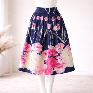 St. John Collection Navy & Pink Floral Silk A-Line Skirt | Size 10